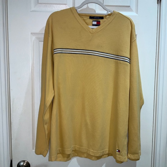 Tommy Hilfiger Vintage Yellow Knit V-Neck Cotton Sweater  Sz  L Flag Tag - Picture 1 of 5